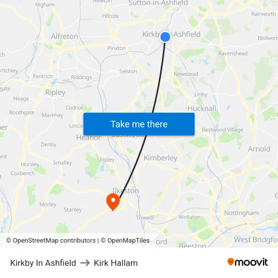 Kirkby In Ashfield to Kirk Hallam map