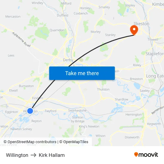 Willington to Kirk Hallam map
