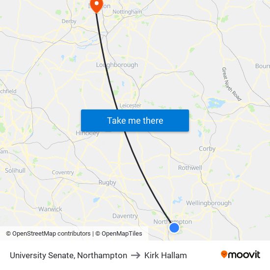 University Senate, Northampton to Kirk Hallam map