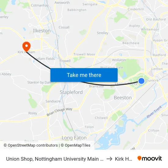 Union Shop, Nottingham University Main Campus (Un32) to Kirk Hallam map