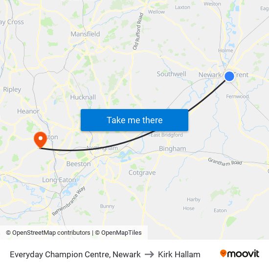 Everyday Champion Centre, Newark to Kirk Hallam map