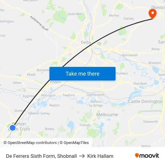 De Ferrers Sixth Form, Shobnall to Kirk Hallam map