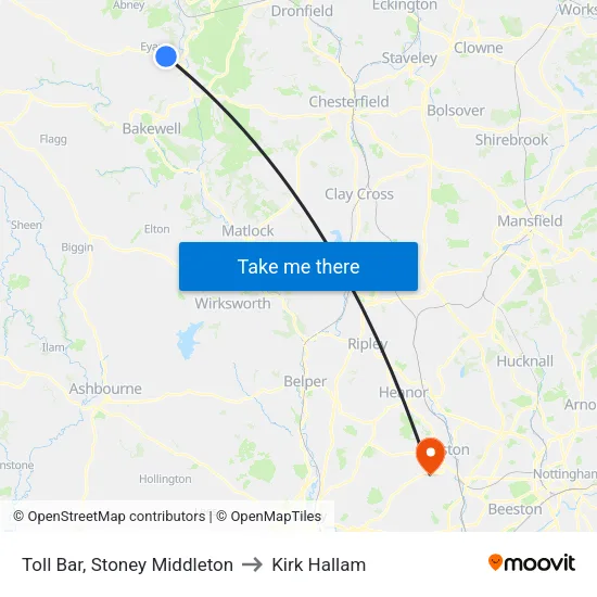 Toll Bar, Stoney Middleton to Kirk Hallam map
