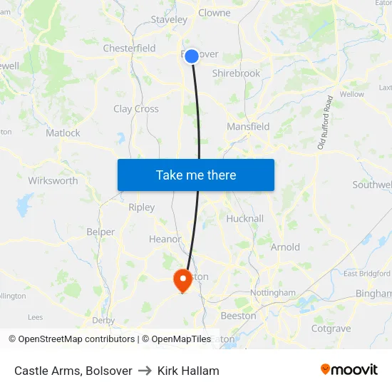 Castle Arms, Bolsover to Kirk Hallam map