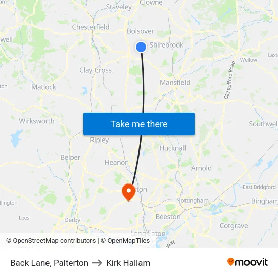 Back Lane, Palterton to Kirk Hallam map