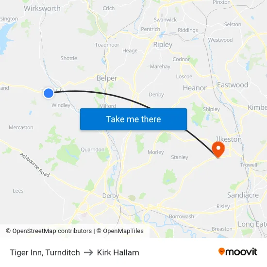 Tiger Inn, Turnditch to Kirk Hallam map