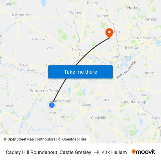 Cadley Hill Roundabout, Castle Gresley to Kirk Hallam map