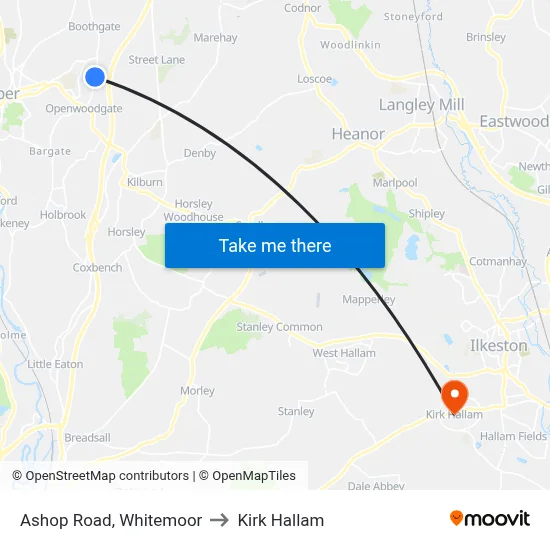 Ashop Road, Whitemoor to Kirk Hallam map