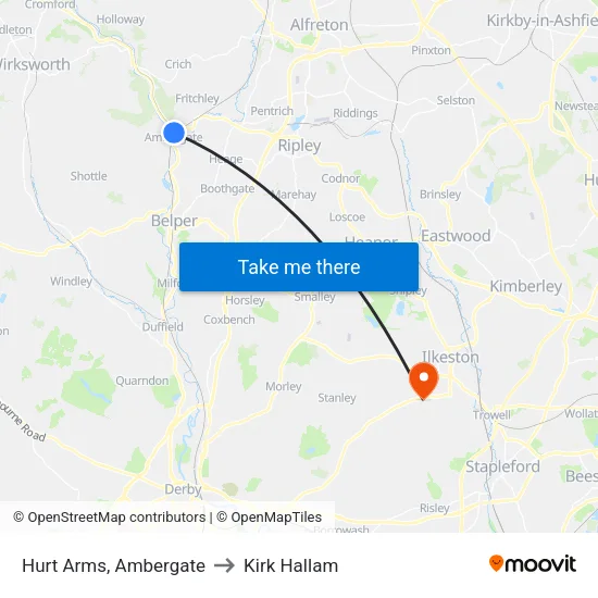 Hurt Arms, Ambergate to Kirk Hallam map