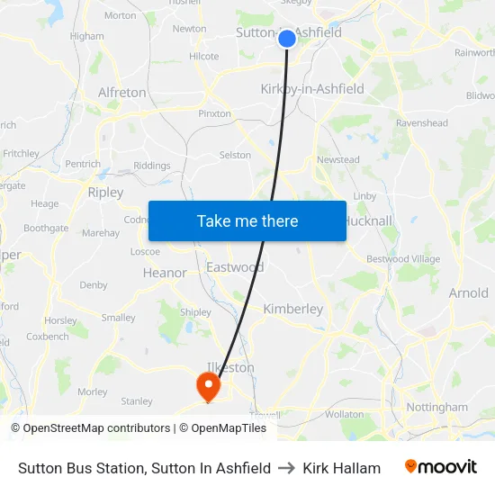 Sutton Bus Station, Sutton In Ashfield to Kirk Hallam map