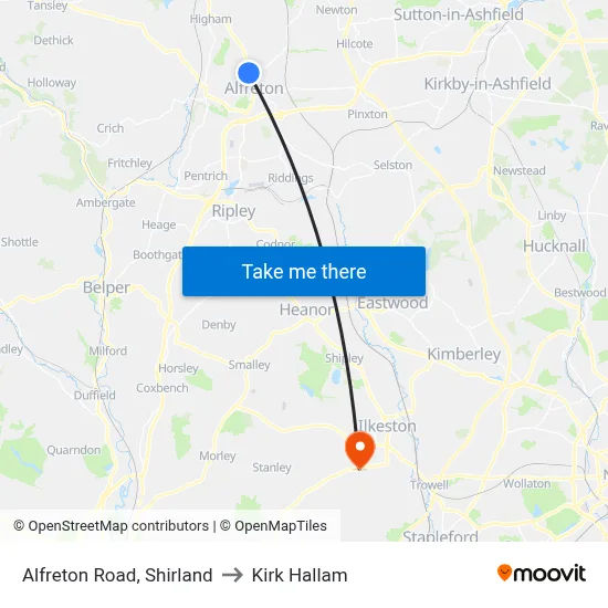 Alfreton Road, Shirland to Kirk Hallam map