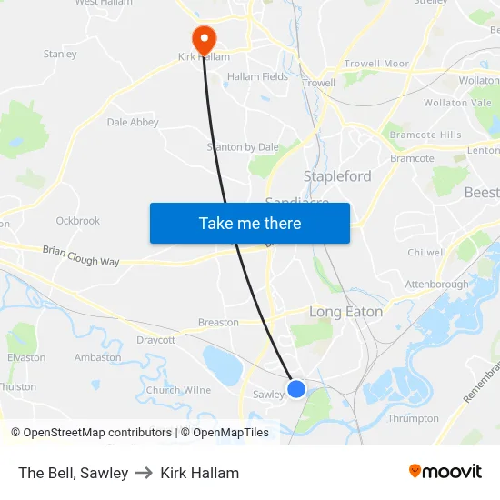 The Bell, Sawley to Kirk Hallam map