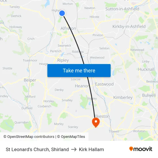 St Leonard's Church, Shirland to Kirk Hallam map