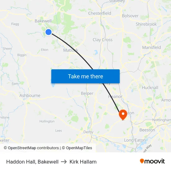 Haddon Hall, Bakewell to Kirk Hallam map