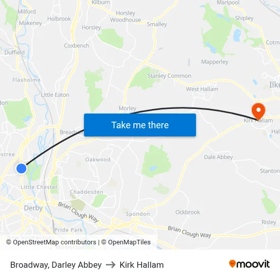 Broadway, Darley Abbey to Kirk Hallam map