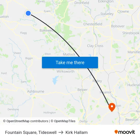 Fountain Square, Tideswell to Kirk Hallam map