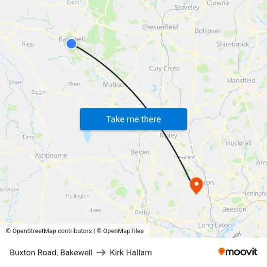 Buxton Road, Bakewell to Kirk Hallam map