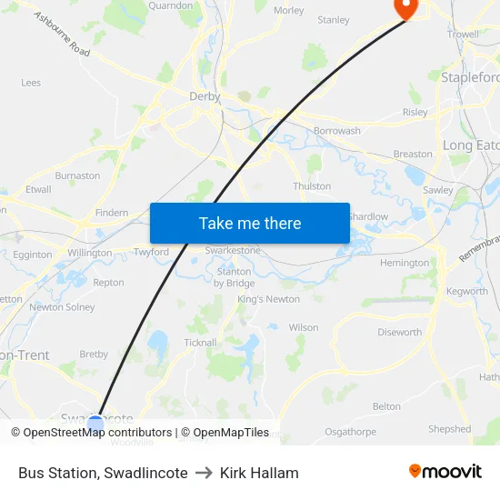 Bus Station, Swadlincote to Kirk Hallam map