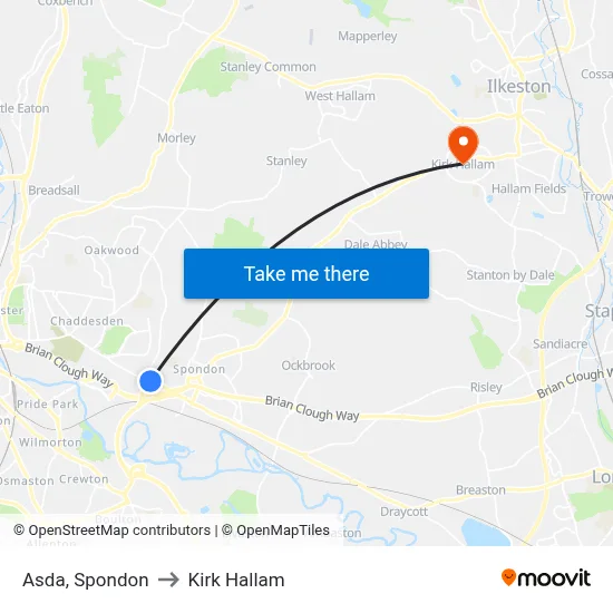 Asda, Spondon to Kirk Hallam map