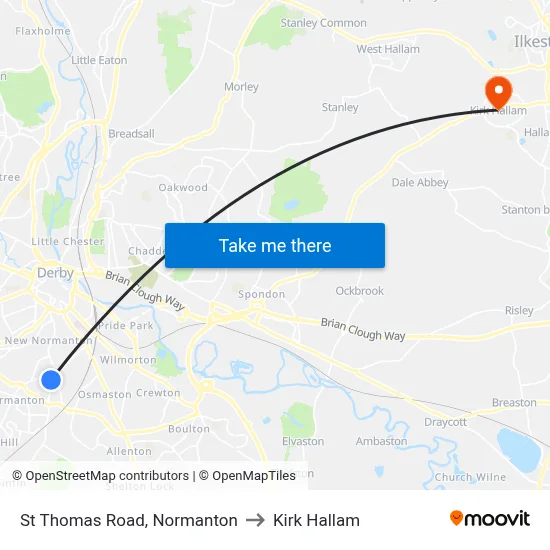St Thomas Road, Normanton to Kirk Hallam map