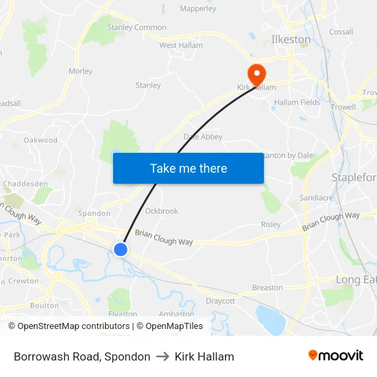 Borrowash Road, Spondon to Kirk Hallam map