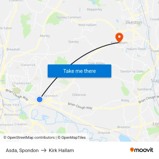 Asda, Spondon to Kirk Hallam map