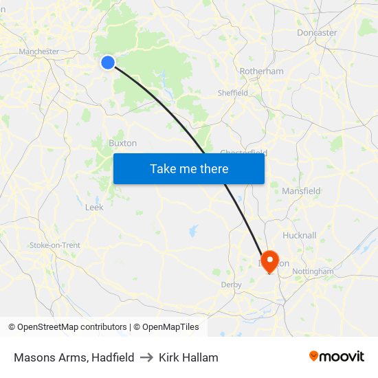 Masons Arms, Hadfield to Kirk Hallam map