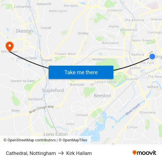 Cathedral, Nottingham to Kirk Hallam map