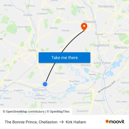 The Bonnie Prince, Chellaston - Derby to Kirk Hallam map