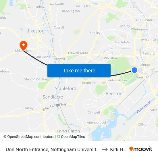 Uon North Entrance, Nottingham University Main Campus (Un14) to Kirk Hallam map