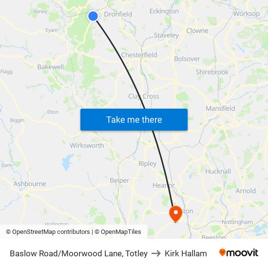 Baslow Road/Moorwood Lane, Totley to Kirk Hallam map
