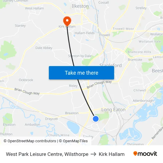 West Park Leisure Centre, Wilsthorpe to Kirk Hallam map