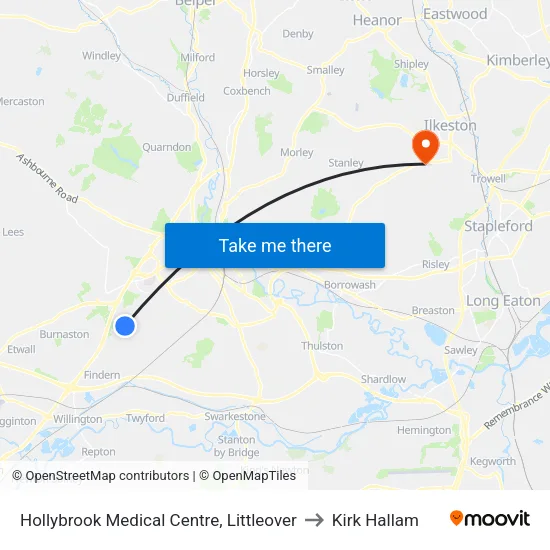 Hollybrook Medical Centre, Littleover to Kirk Hallam map