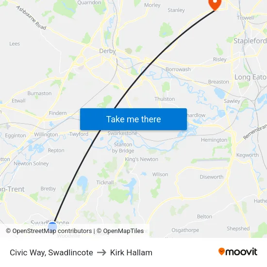Civic Way, Swadlincote to Kirk Hallam map