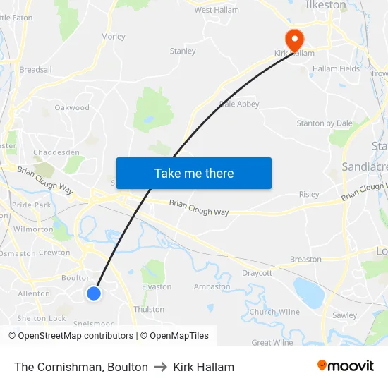 The Cornishman, Boulton to Kirk Hallam map