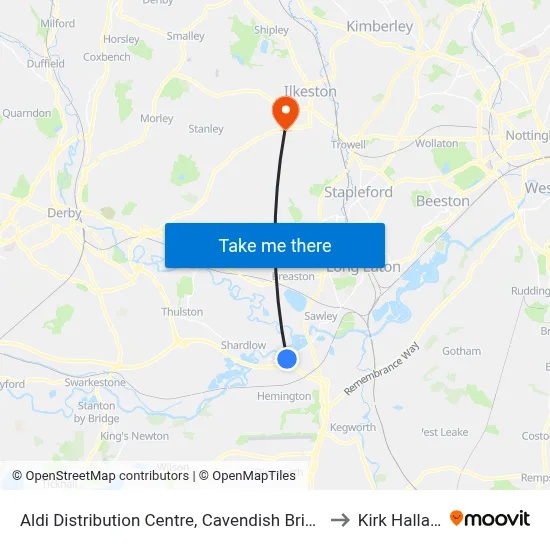 Aldi Distribution Centre, Cavendish Bridge to Kirk Hallam map