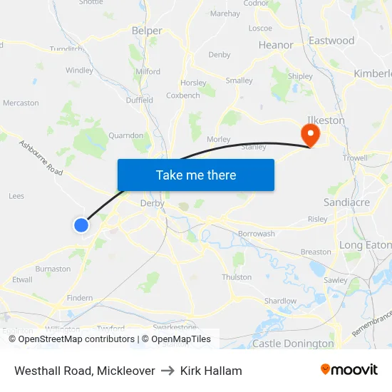 Westhall Road, Mickleover to Kirk Hallam map
