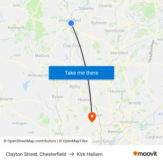 Clayton Street, Chesterfield to Kirk Hallam map