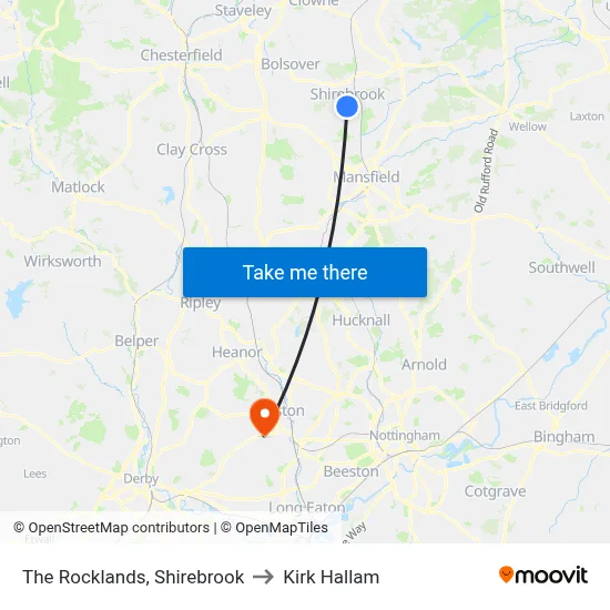 The Rocklands, Shirebrook to Kirk Hallam map
