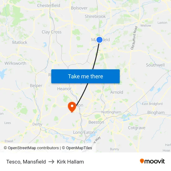 Tesco, Mansfield to Kirk Hallam map