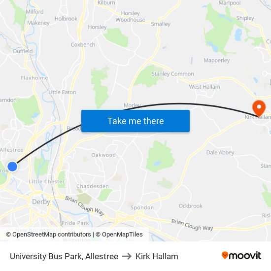 University Bus Park, Allestree to Kirk Hallam map