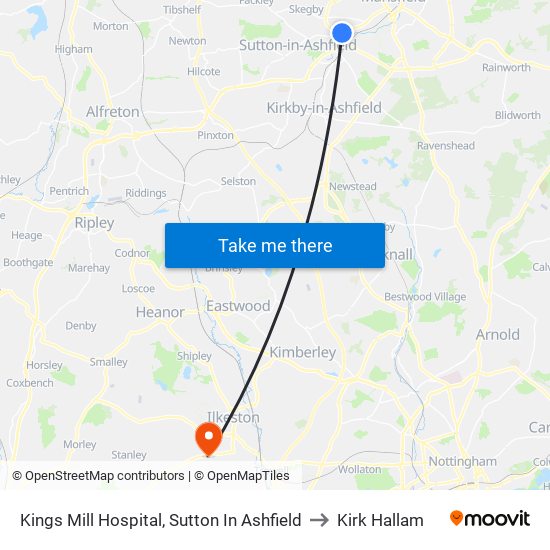 Kings Mill Hospital, Sutton In Ashfield to Kirk Hallam map