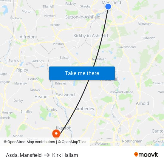 Asda, Mansfield to Kirk Hallam map