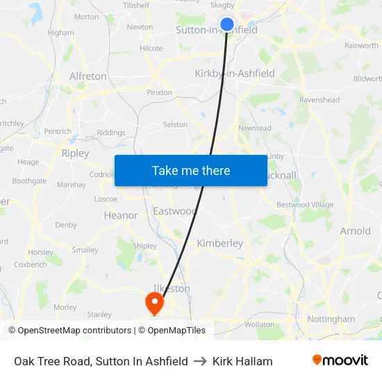 Oak Tree Road, Sutton In Ashfield to Kirk Hallam map