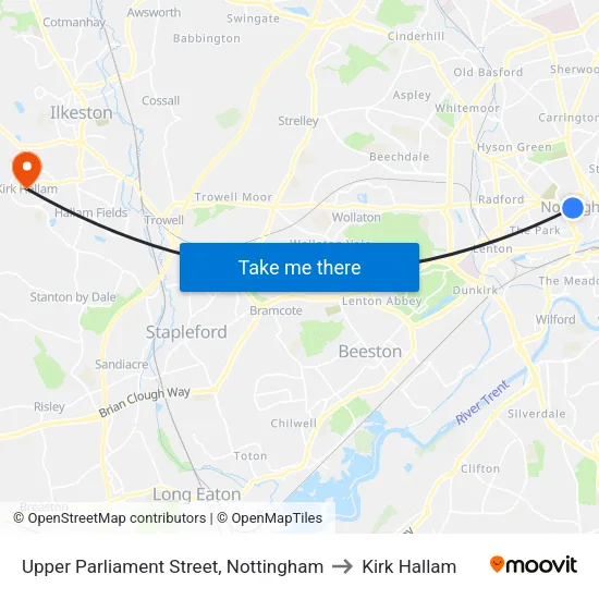 Upper Parliament Street, Nottingham to Kirk Hallam map