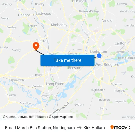 Broad Marsh Bus Station, Nottingham to Kirk Hallam map