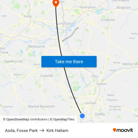 Asda, Fosse Park to Kirk Hallam map