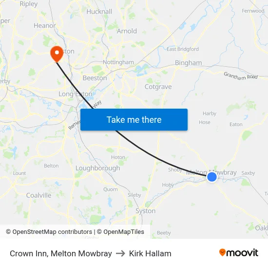 Crown Inn, Melton Mowbray to Kirk Hallam map