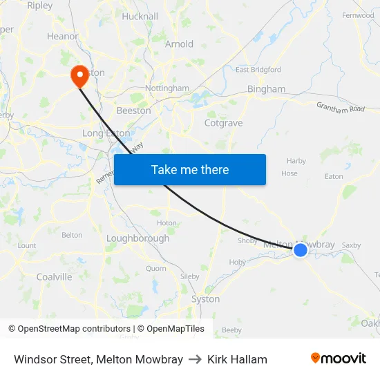 Windsor Street, Melton Mowbray to Kirk Hallam map