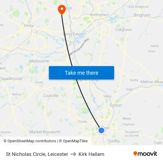 St Nicholas Circle, Leicester to Kirk Hallam map
